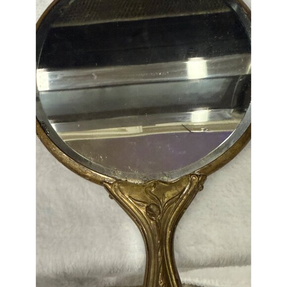 Antique Ornate Brass Hand Mirror With Cherub & Floral Design & Detailed Handle - Picture 12 of 13